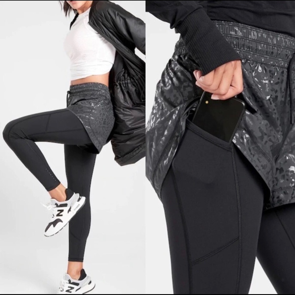 Athleta 2 in 1 Black Leopard Shorts and Leggings Small
